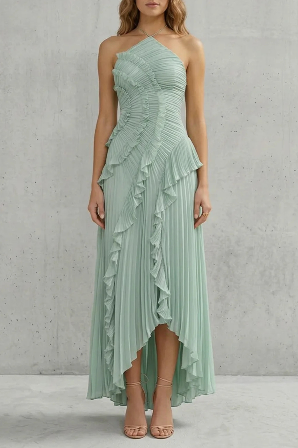 Ruffle Pleated Maxi Dress in Mint – Genevieve by Maravesse