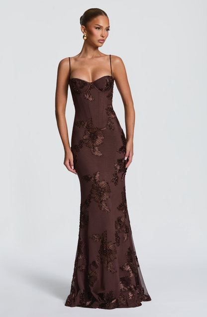 Formal Maxi Dress in Mocha – Elara by Maravesse