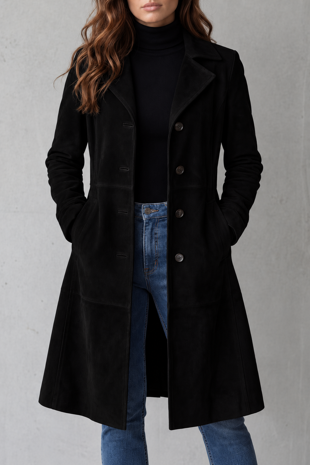 Suede Tailored Coat in Black – Isadora by Maravesse