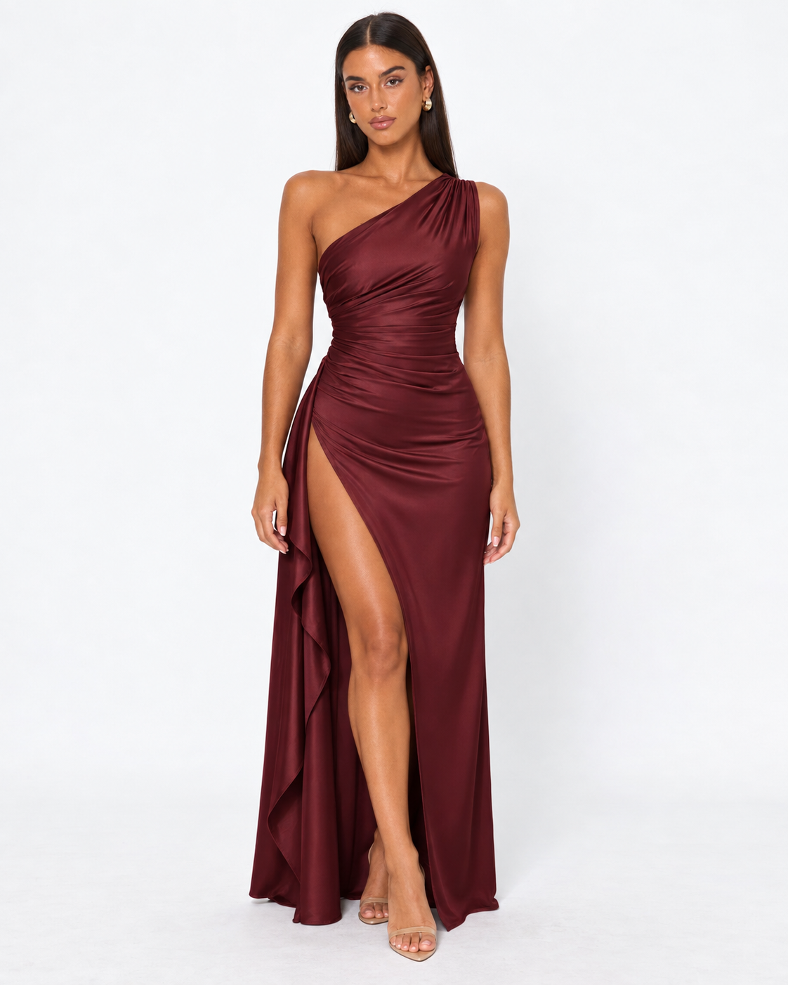 Satin Maxi Dress in Burgundy – Bettina by Maravesse