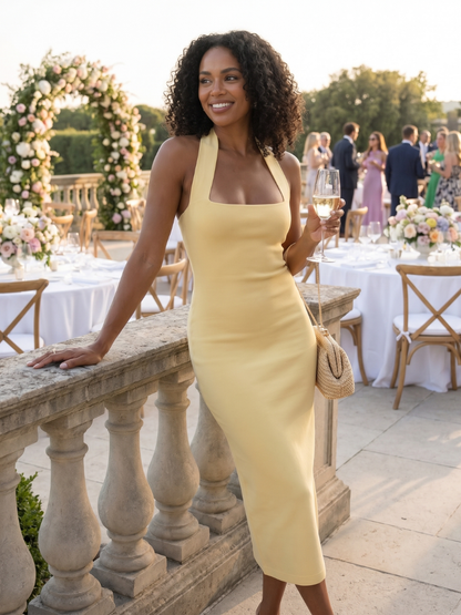 Halter Fitted Midi Dress in Yellow – Lucie by Maravesse