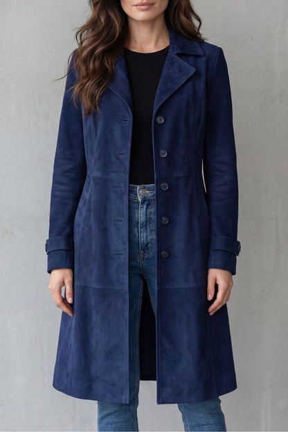 Suede Longline Coat in Navy – Maeve by Maravesse