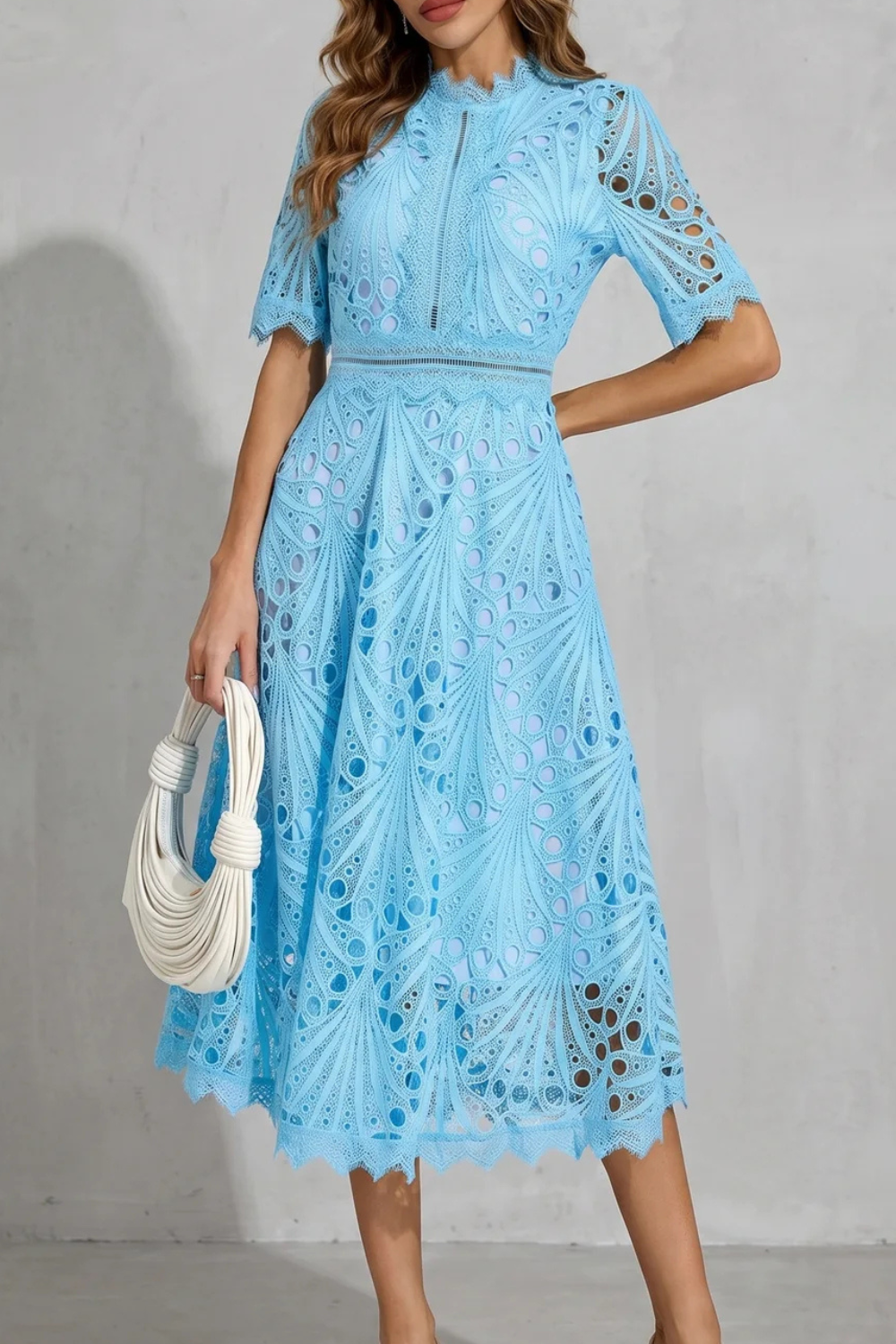 Lace Midi Dress in Light blue – Fleur by Maravesse