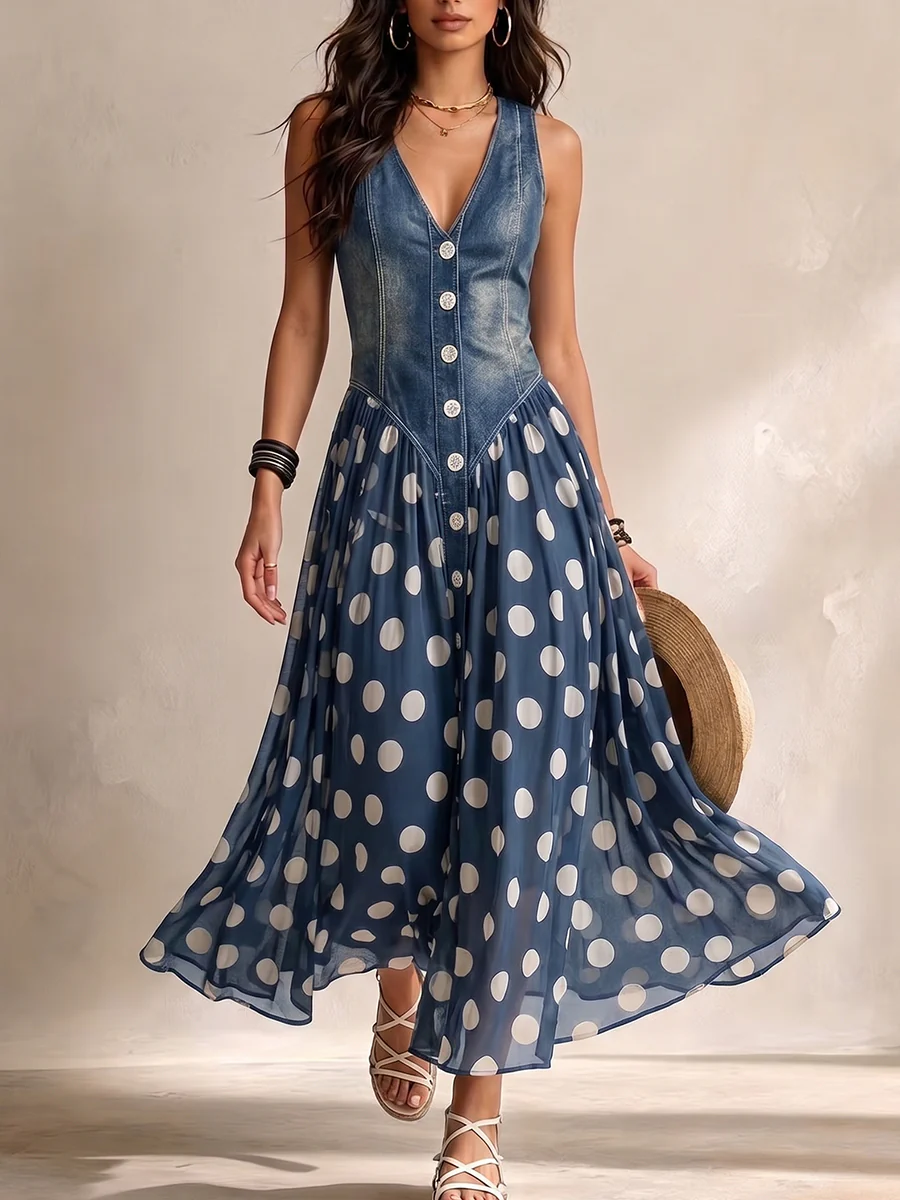 Chiffon Polka Dot Midi Dress in Blue – Pauline by Maravesse