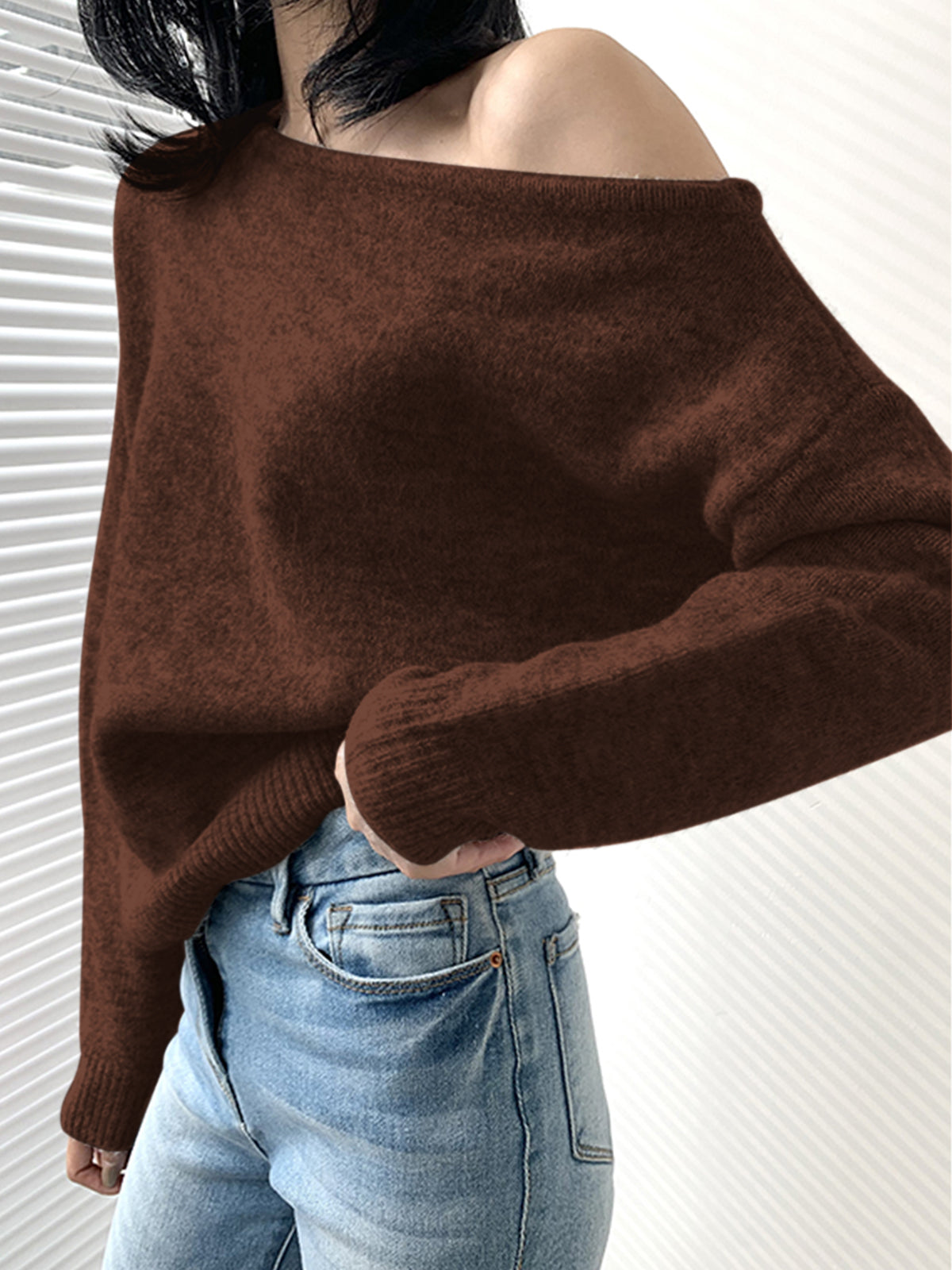 One-Shoulder Cardigan in Dark Brown – Fleur by Maravesse