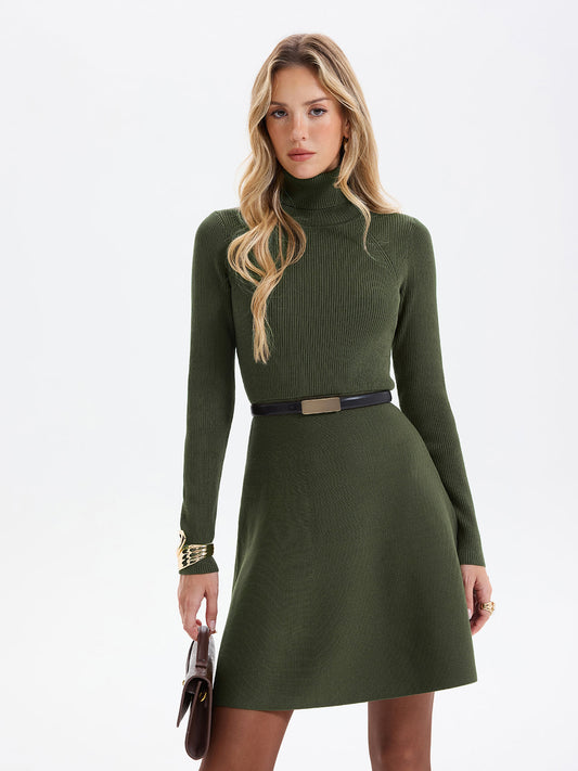 Knit Belted Mini Dress in Dark Green – Maeve by Maravesse