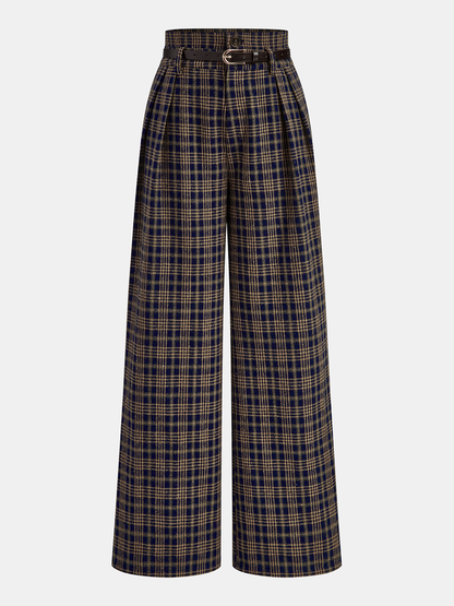 Plaid Belted Trousers in Dark Brown – Valentina by Maravesse