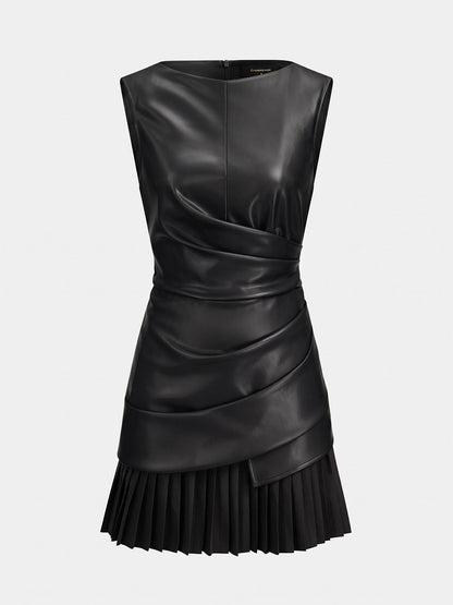 Pleated Leather Mini Dress in Black – Xanthe by Maravesse
