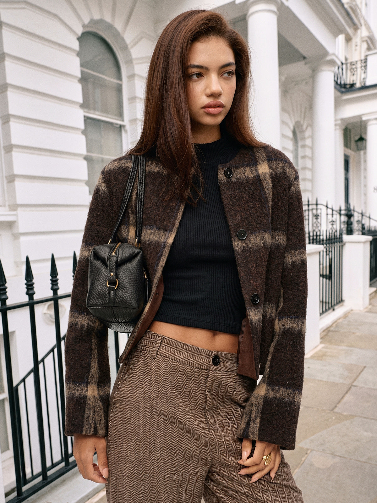 Plaid Wool Coat in Dark Brown – Arabella by Maravesse