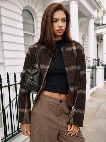 Plaid Wool Coat in Dark Brown – Arabella by Maravesse