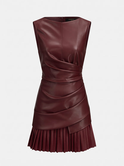 Pleated Leather Mini Dress in Burgundy – Xanthe by Maravesse