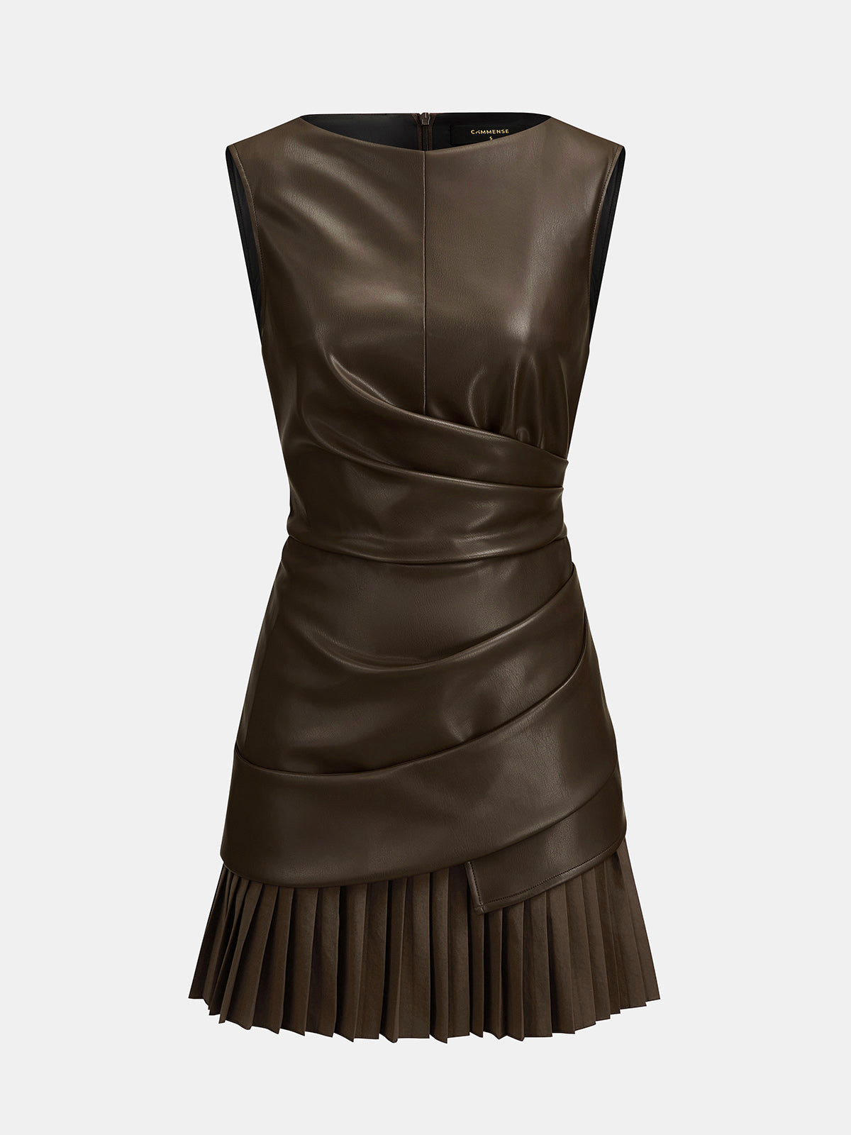 Pleated Leather Mini Dress in Brown – Xanthe by Maravesse