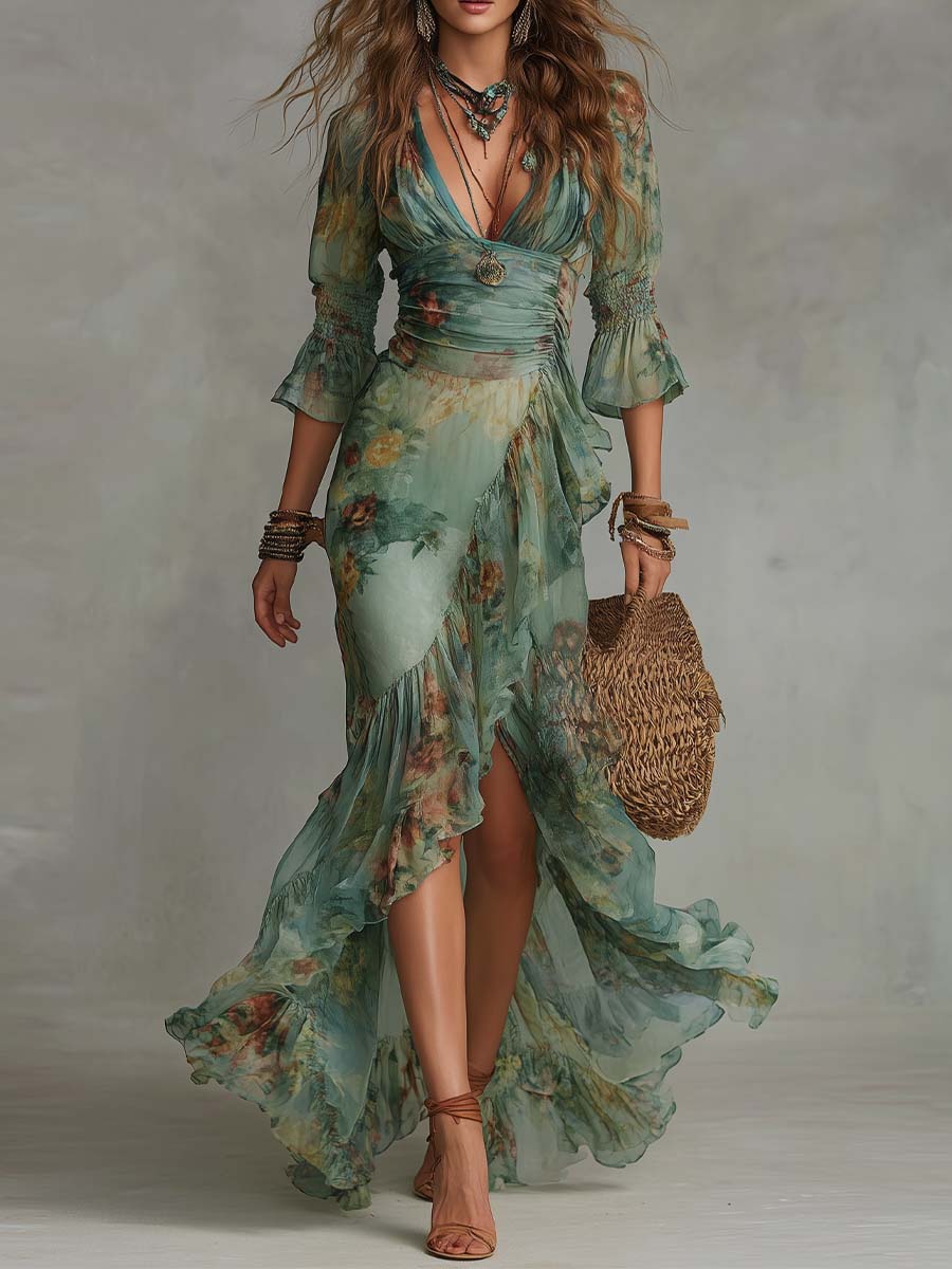 Ruffle Floral Maxi Dress in Sage Green – Vivienne by Maravesse