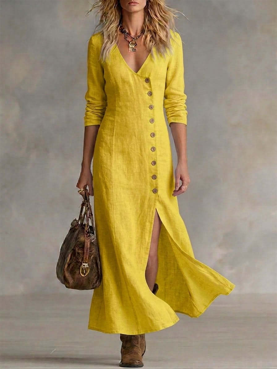 Linen Maxi Dress in Yellow – Eugenie by Maravesse
