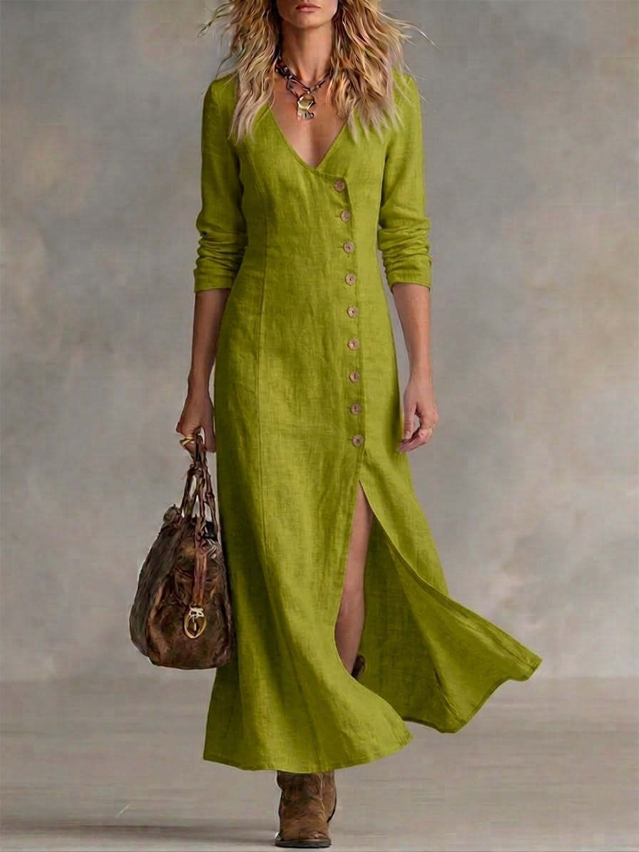 Linen Maxi Dress in Green – Eugenie by Maravesse