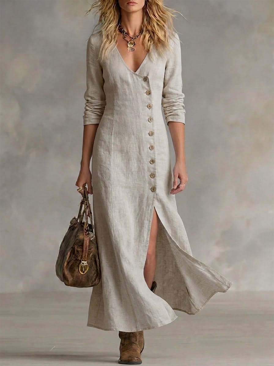 Linen Maxi Dress in Grey – Eugenie by Maravesse
