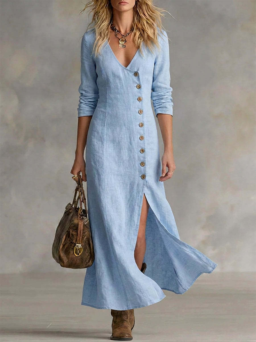 Linen Maxi Dress in Blue – Eugenie by Maravesse