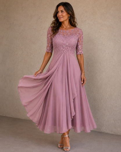 Lace Chiffon Dress in Pink – Evangeline by Maravesse