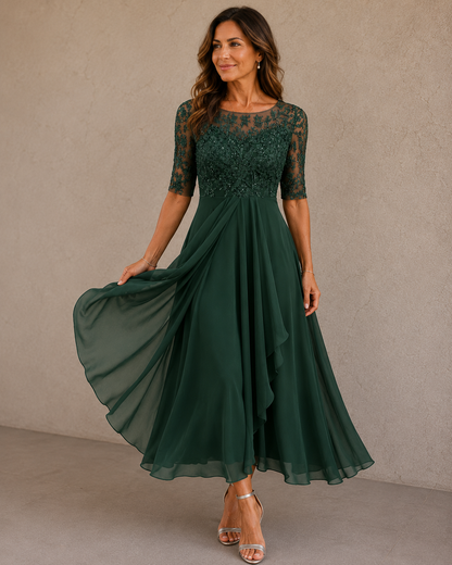 Lace Chiffon Dress in Green – Evangeline by Maravesse