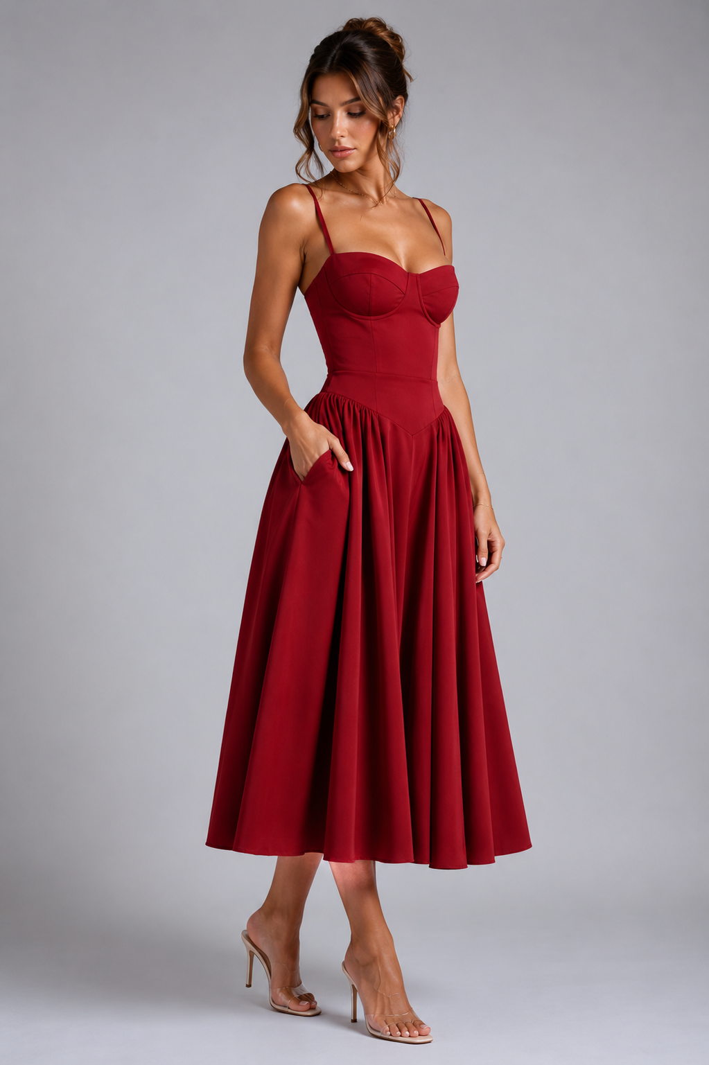 Lace Corset Midi Dress in Cherry Lacquer – Cleo by Maravesse