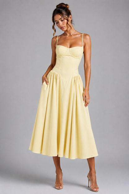 Lace Corset Midi Dress in Lemon – Cleo by Maravesse