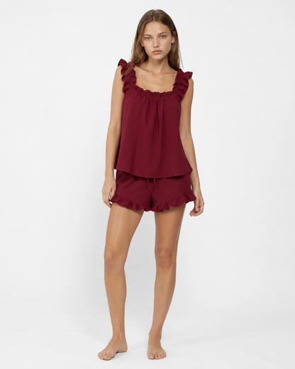 Ruffle Co-ord Set in Burgundy – Celine by Maravesse