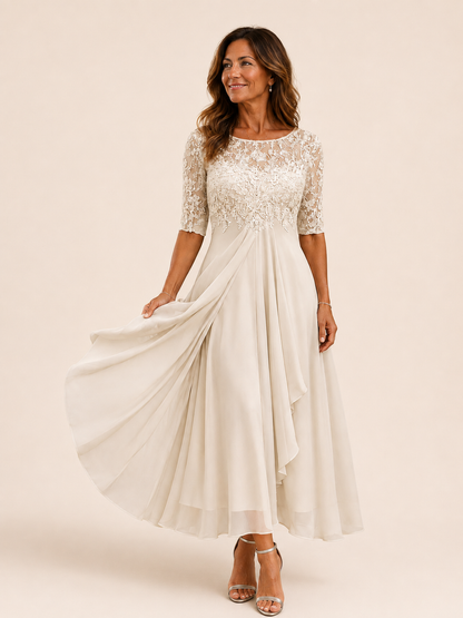 Lace Chiffon Dress in White – Evangeline by Maravesse