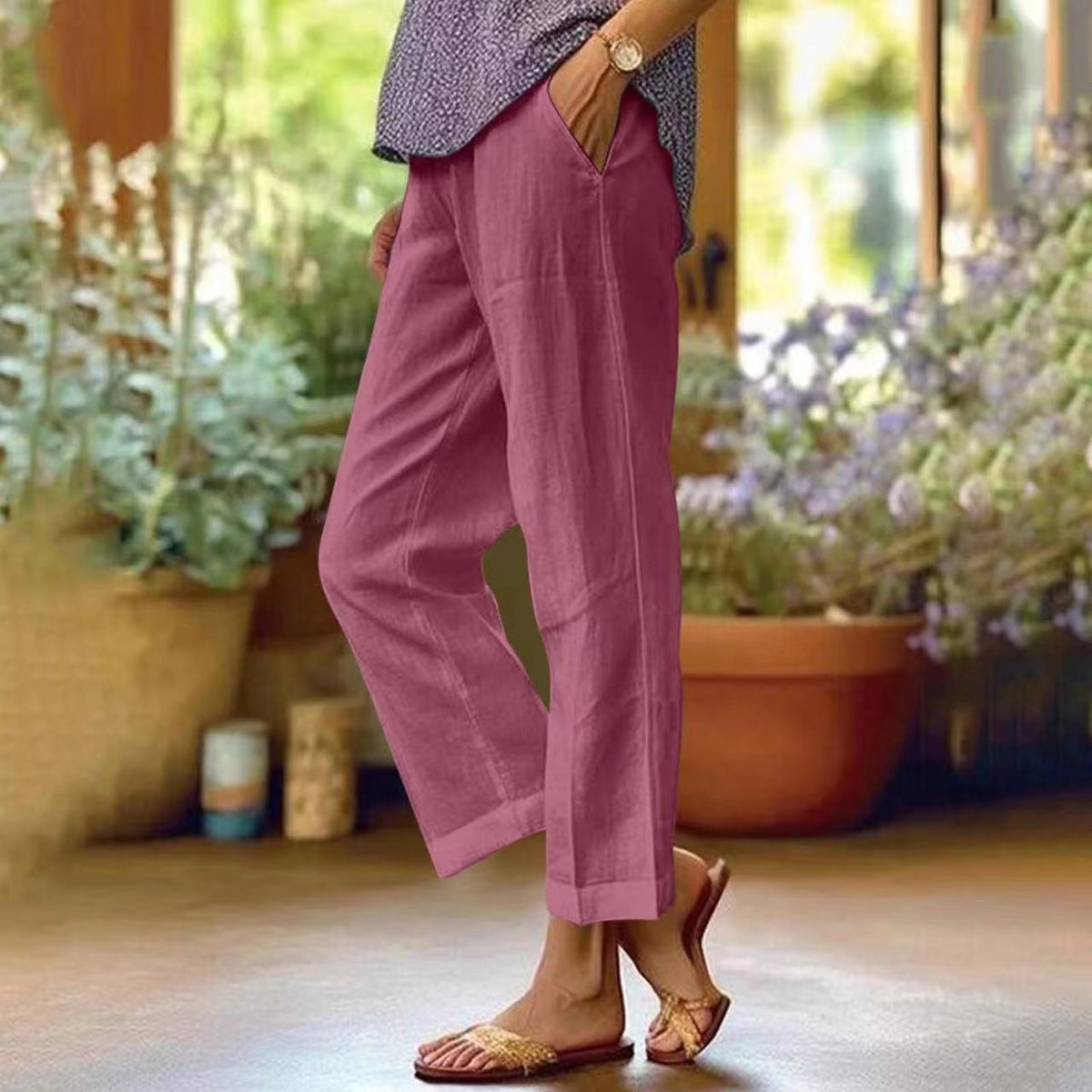 Linen Cropped Trousers in Pink – Elodie by Maravesse