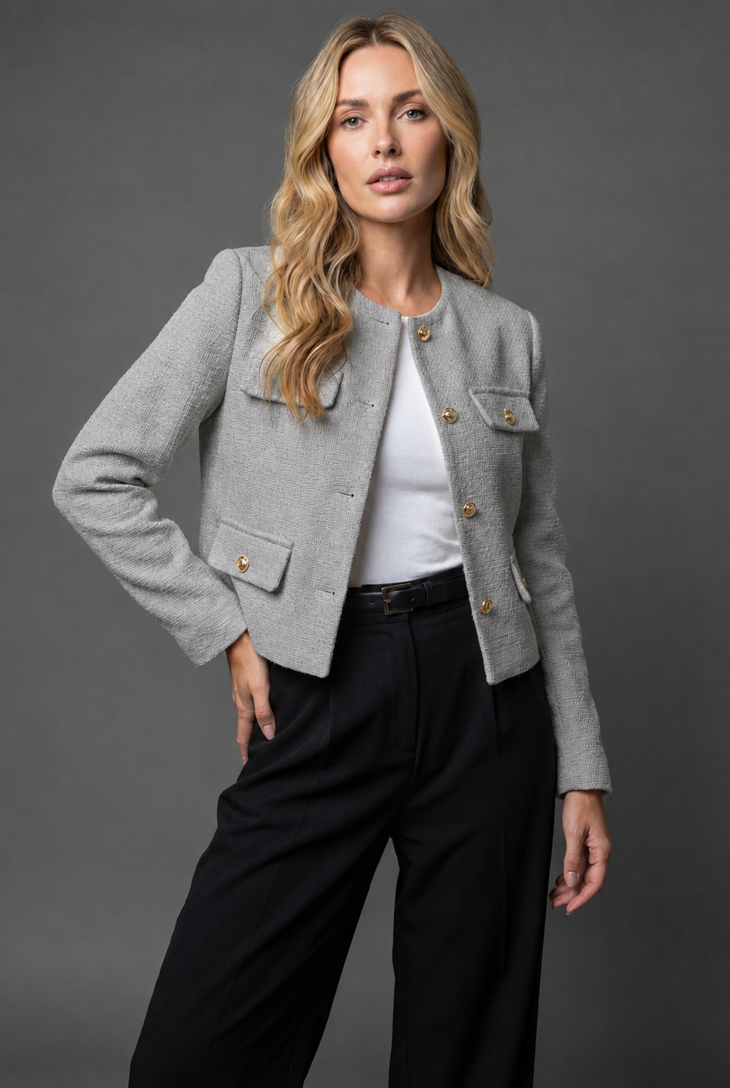Tweed Cropped Blazer in Grey – Margaux by Maravesse