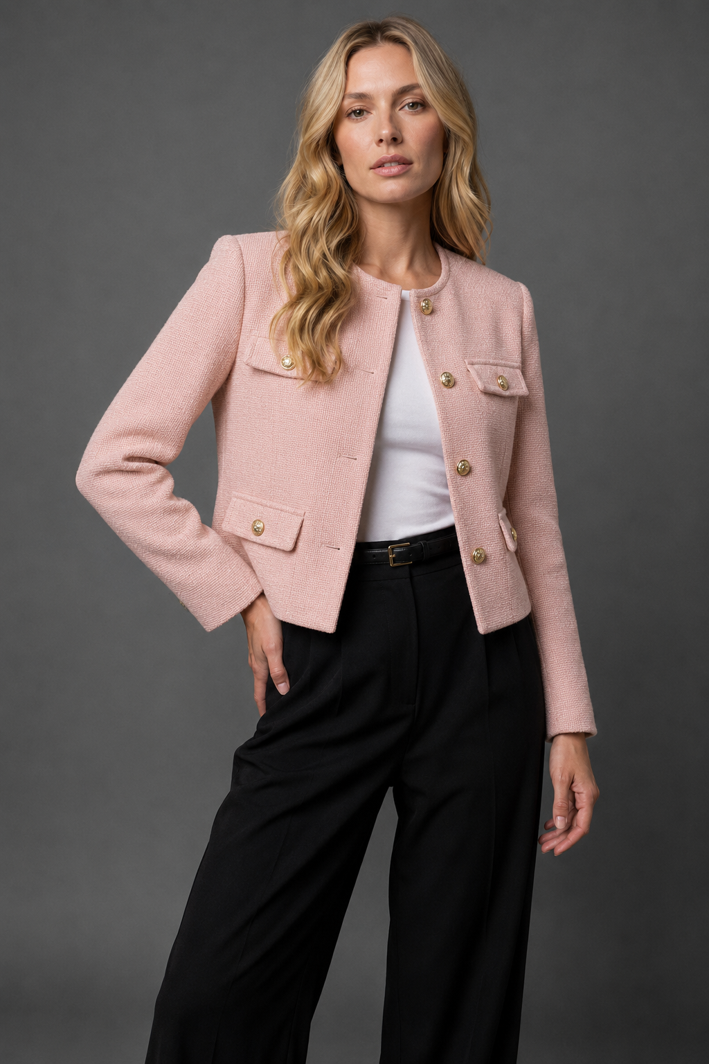 Tweed Cropped Blazer in Light Pink – Margaux by Maravesse