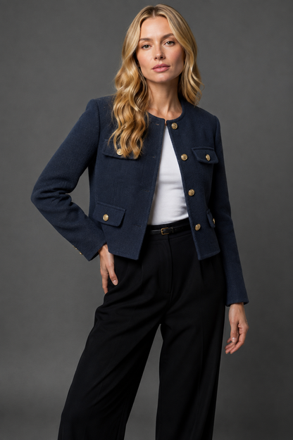 Tweed Cropped Blazer in Navy Blue – Margaux by Maravesse