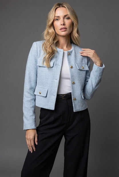 Tweed Cropped Blazer in Light Blue – Margaux by Maravesse