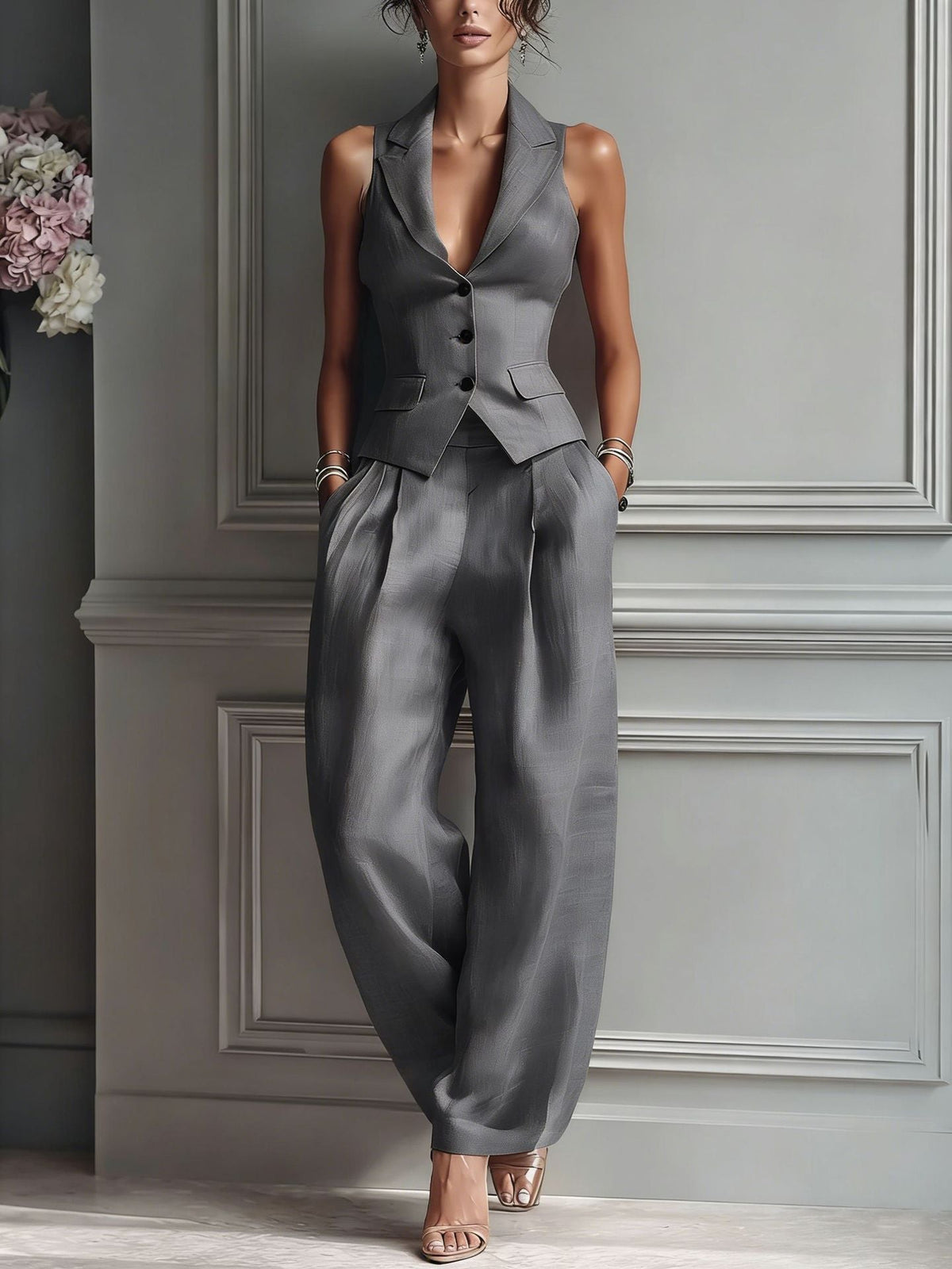 Two Piece Linen Set in Grey – Mirabel by Maravesse