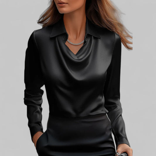 Draped Satin Blouse in Black – Elara by Maravesse