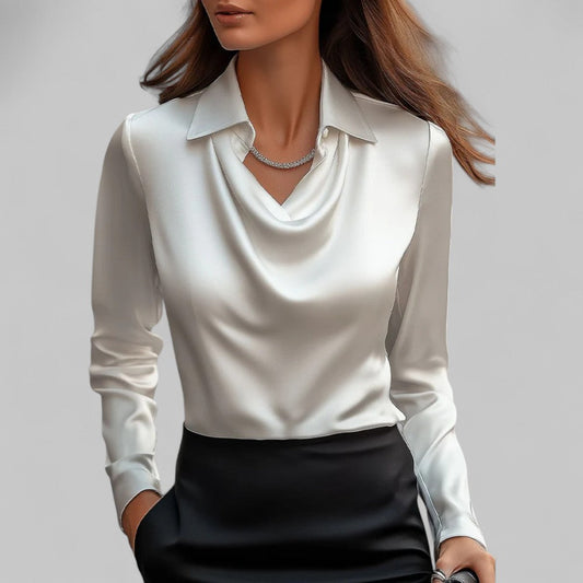 Draped Satin Blouse in White – Elara by Maravesse