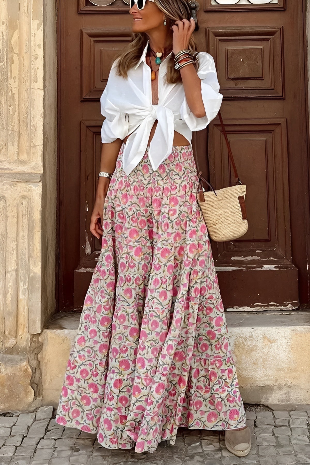 Floral Smocked Skirt in Pink – Rosa by Maravesse