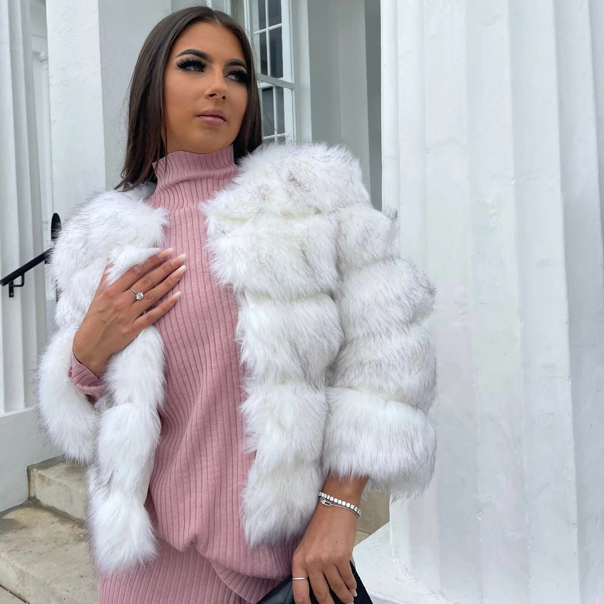 Faux Fur Puffer Jacket in White – Cordelia by Maravesse