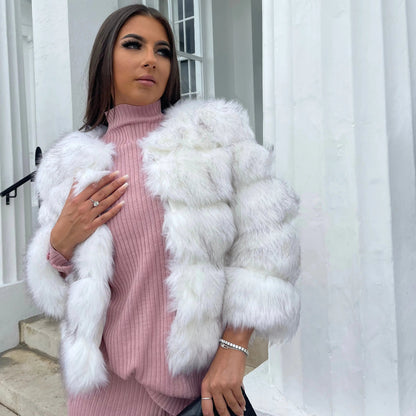 Faux Fur Puffer Jacket in White – Cordelia by Maravesse