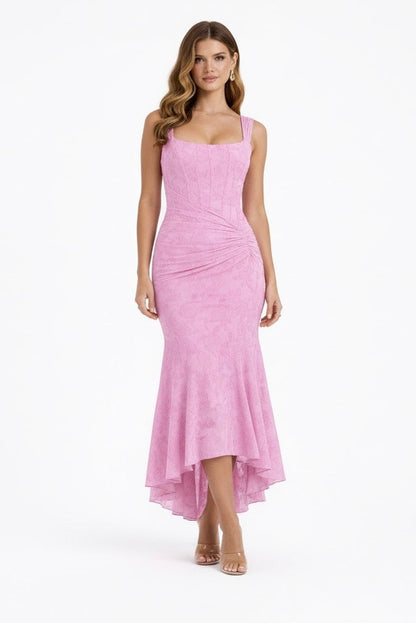 Satin Cowl Midi Dress in Pink – Zinnia by Maravesse