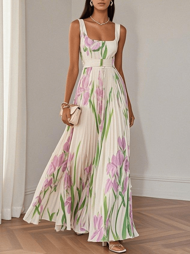 Floral Pleated Maxi Dress – Adeline by Maravesse