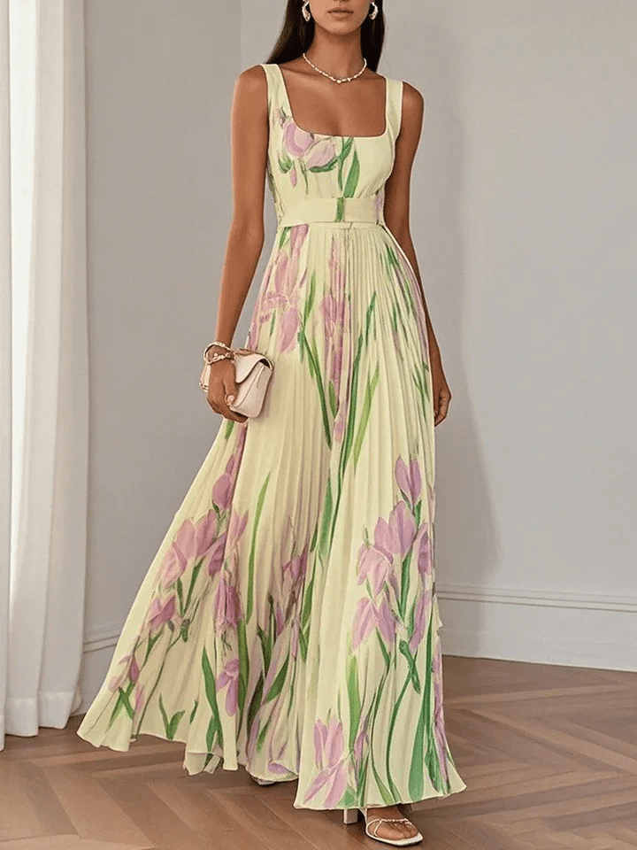 Floral Pleated Maxi Dress in Yellow – Adeline by Maravesse