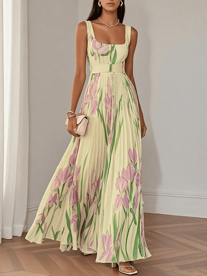 Floral Pleated Maxi Dress in Yellow – Adeline by Maravesse