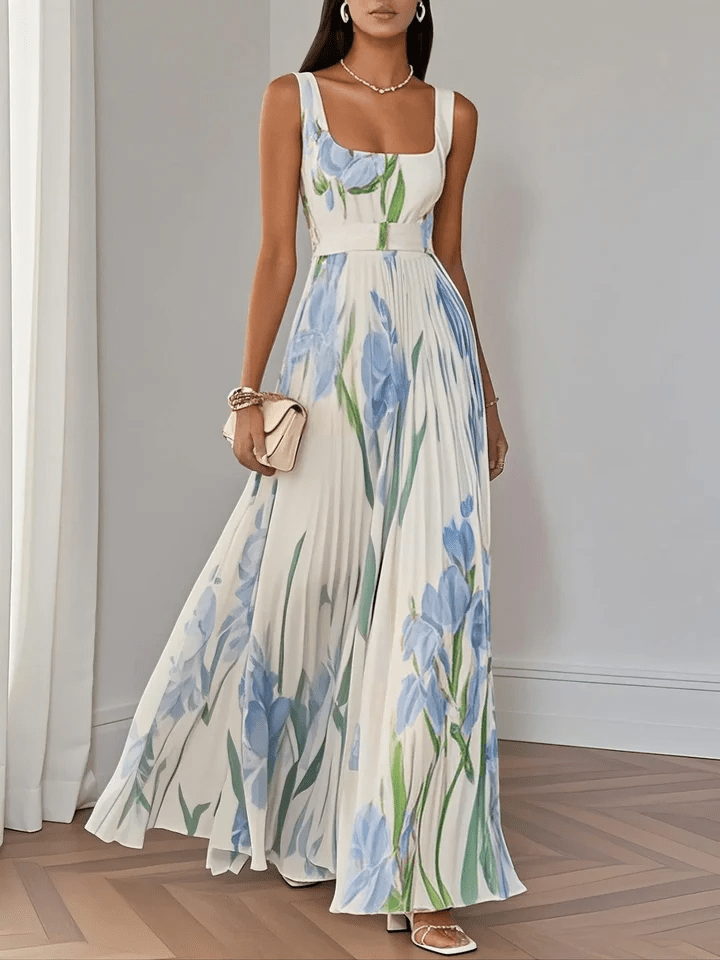 Floral Pleated Maxi Dress in Light Blue – Adeline by Maravesse