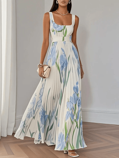 Floral Pleated Maxi Dress in Light Blue – Adeline by Maravesse
