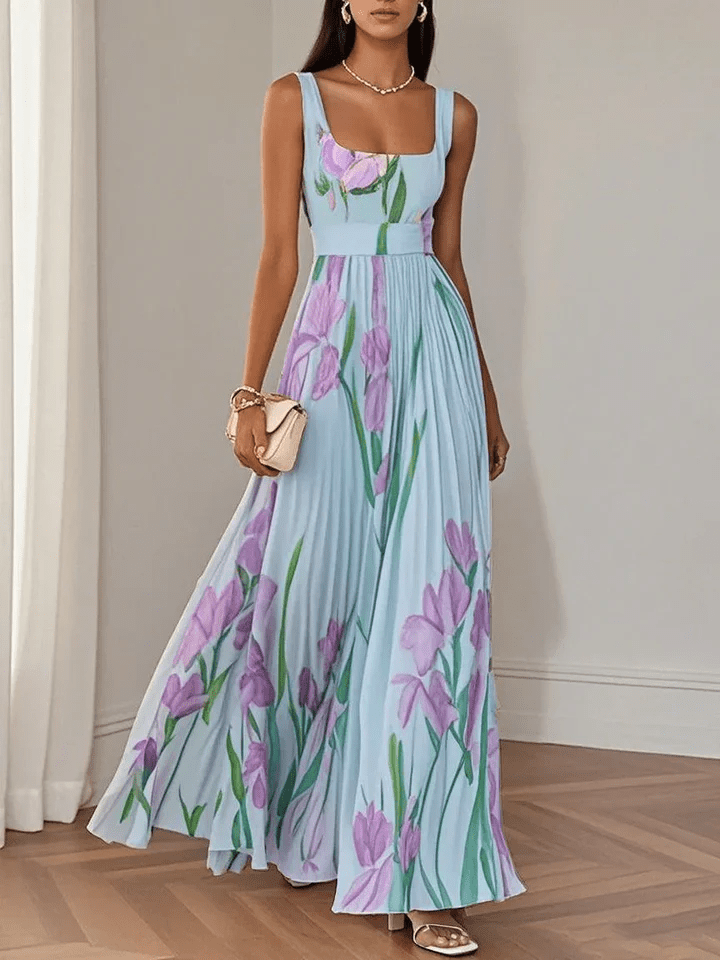 Floral Pleated Maxi Dress in Blue – Adeline by Maravesse