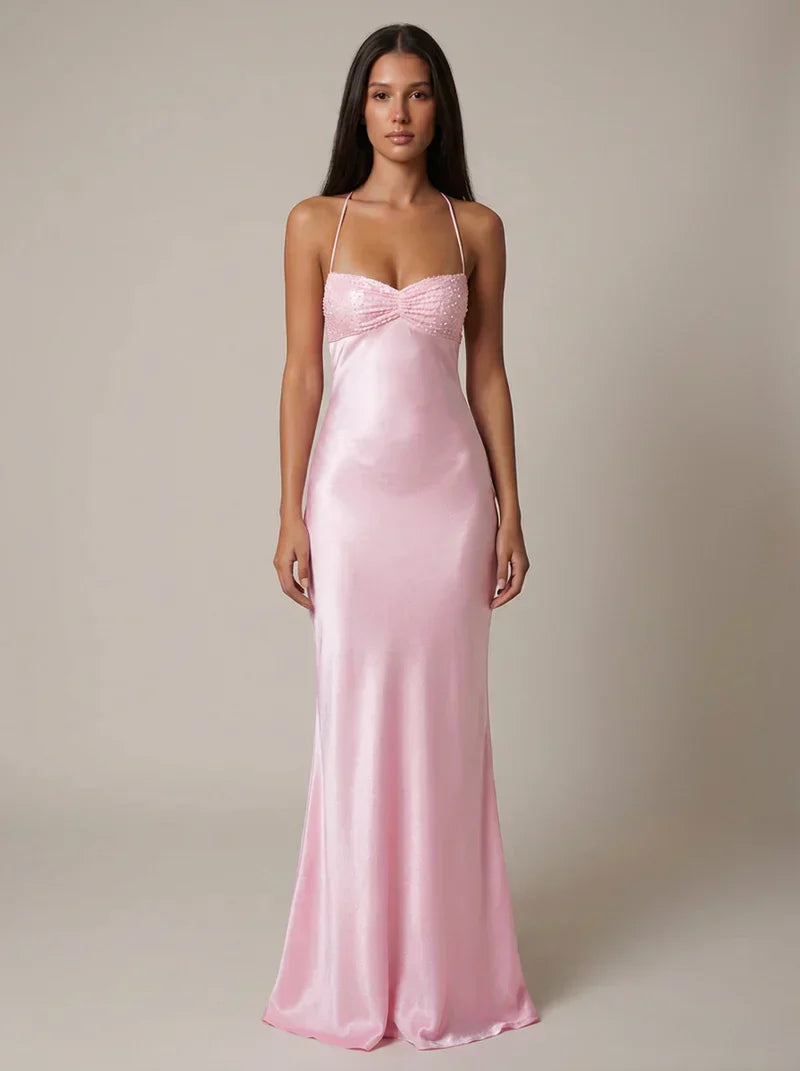 Satin Pearl Maxi Dress in Pink – Liv by Maravesse