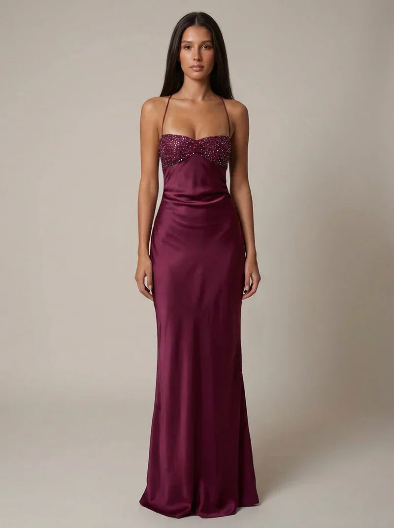 Satin Pearl Maxi Dress in Purple – Liv by Maravesse