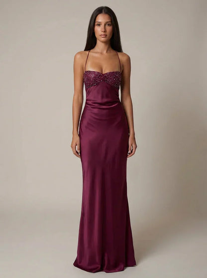 Satin Pearl Maxi Dress in Purple – Liv by Maravesse