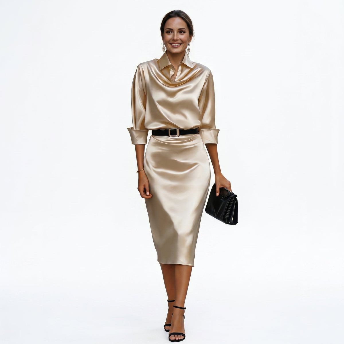 Satin Midi Dress in Champagne – Karin by Maravesse