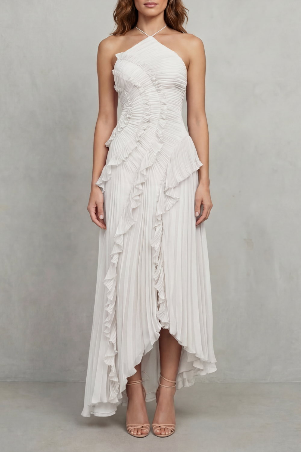 Ruffle Pleated Maxi Dress in Ivory – Genevieve by Maravesse
